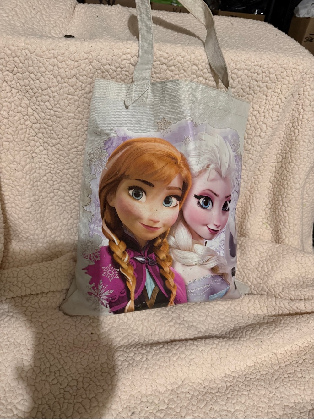 Disney Cream Tote Bag with Anna & Elsa Purple Pink Accents